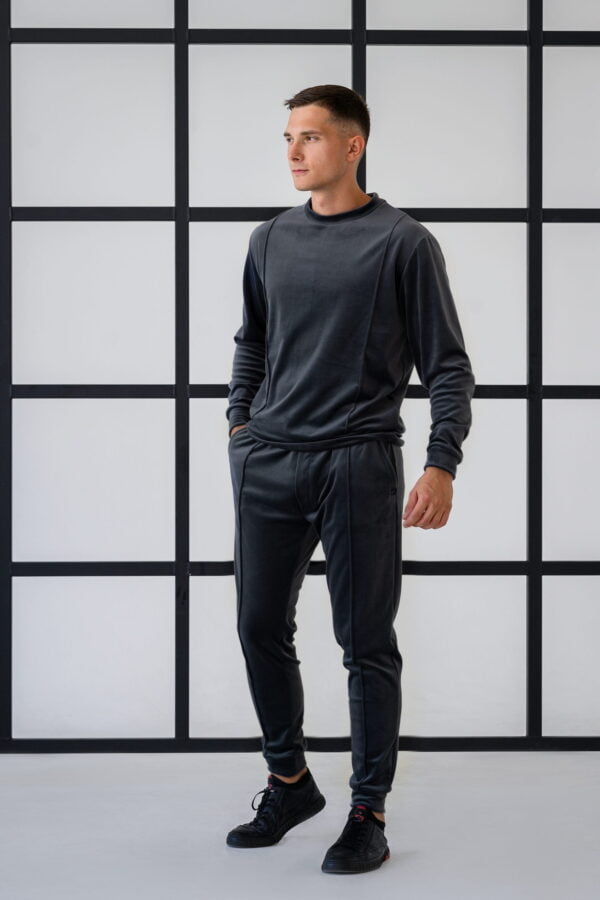 Dark grey velour tracksuit with fabric edging