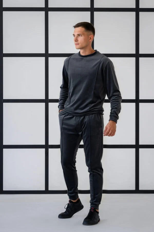 Dark grey velour tracksuit with fabric edging
