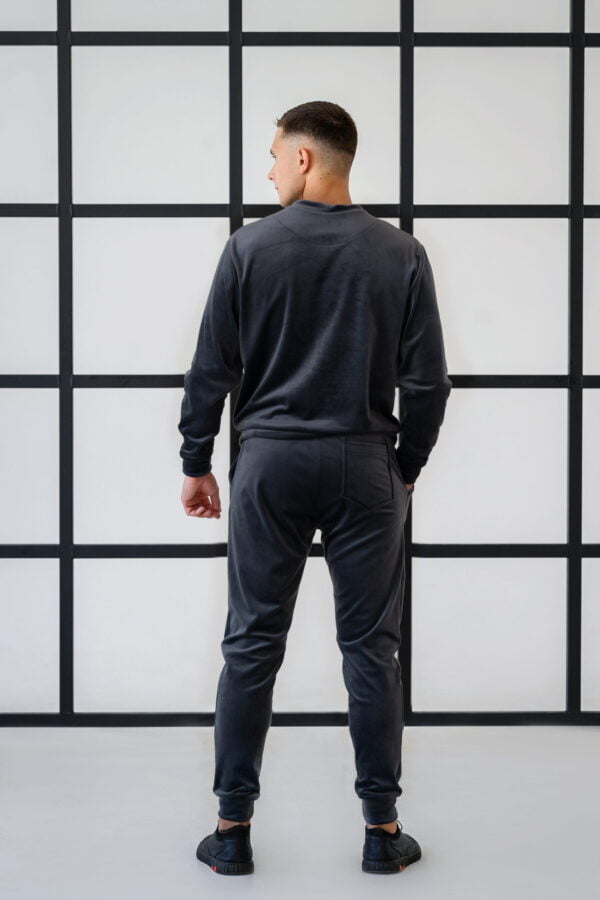 Dark grey velour tracksuit with fabric edging